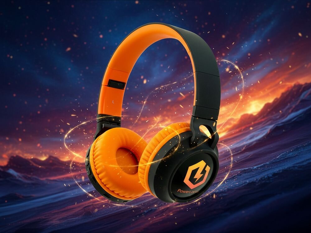 Słuchawki nauszne POWERLOCUS Buddy Kids Bluetooth 5.3 AUX microSD 32GB, słuchawki słuchawki po skosie na ciemnym tle