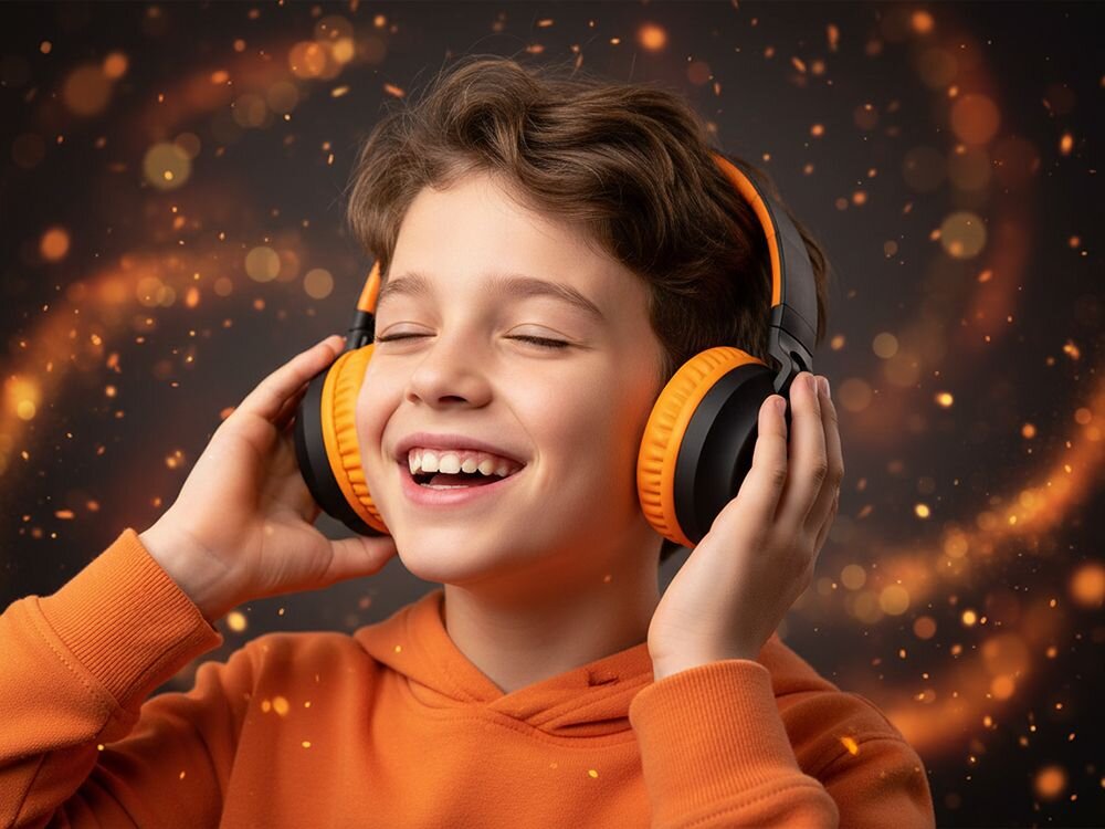 Słuchawki nauszne POWERLOCUS Buddy Kids bateria 15-20 godzin ładowanie 2h, dziecko z założonymi słuchawkami naunymi