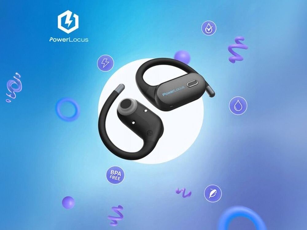 Słuchawki powietrzne POWERLOCUS Jumpy tryb gamingowy niskie opóźnienie nauka gry, słuchawki na niebieskim tle