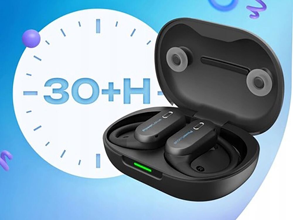 Słuchawki powietrzne POWERLOCUS Jumpy czas pracy 30 godzin etui ładujące, słuchawki z etui ładującym na niebieskim tle