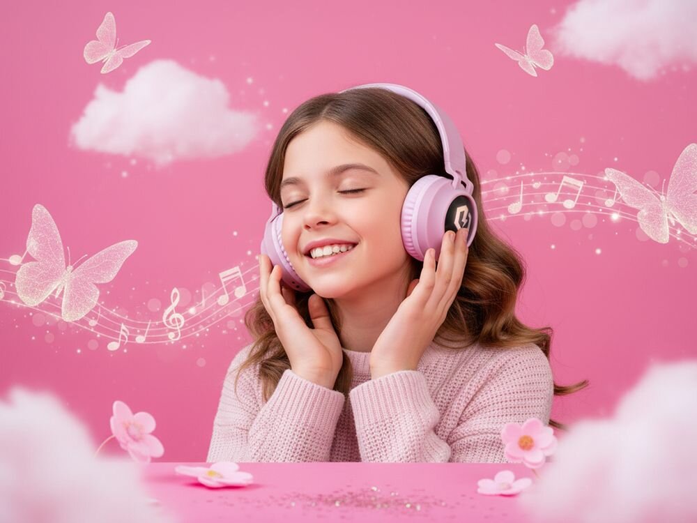 Słuchawki nauszne POWERLOCUS Buddy Kids z LED dla dzieci kolorowe i funkcjonalne, dziecko z założonymi słuchawkami nausznymi