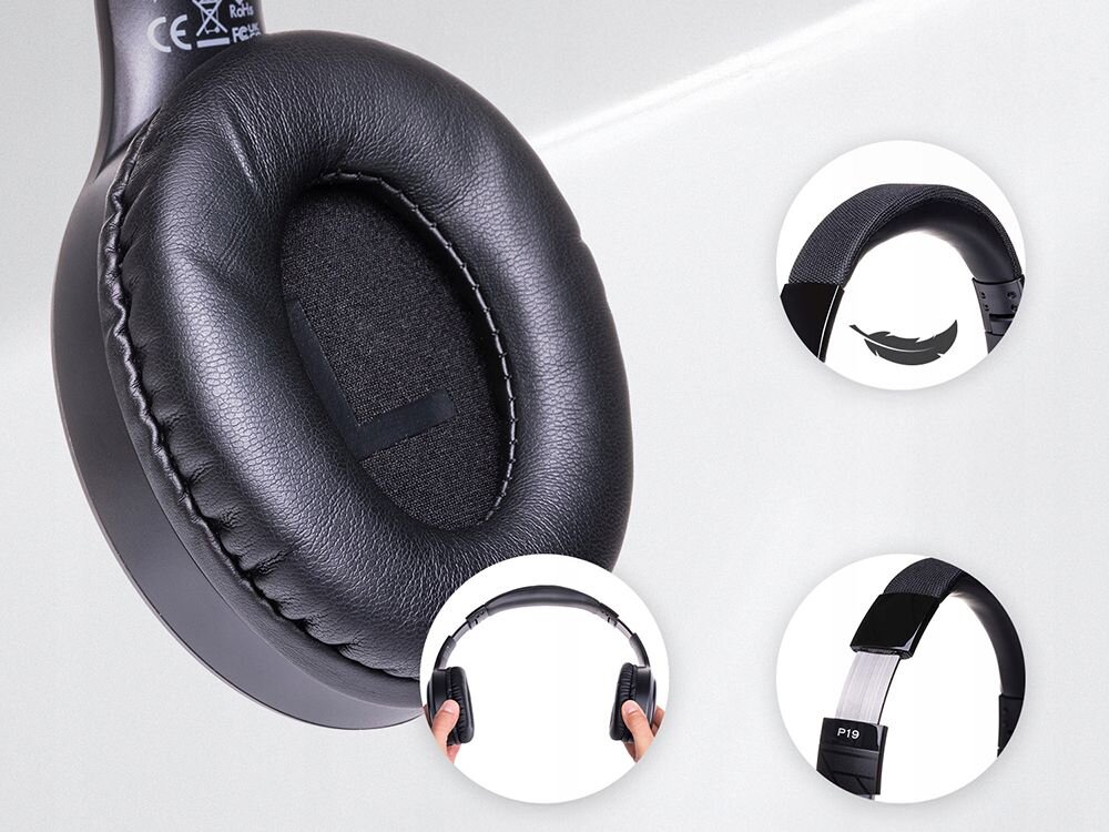 Słuchawki nauszne POWERLOCUS P19 ultramiękkie nauszniki pianka proteinowa lekka konstrukcja, kadr na nausznik na białym tle