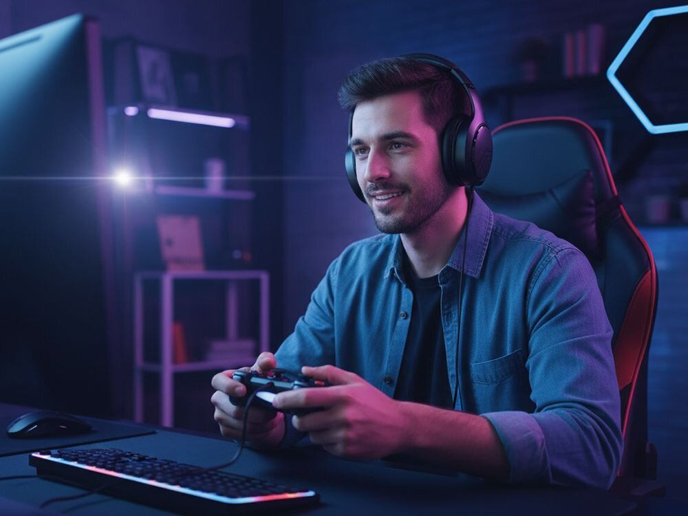 Słuchawki nauszne POWERLOCUS P19 komfort codzienne odsłuchy, osoba z założonymi słuchawkami nausznymi trzymająca kontroler w ręku