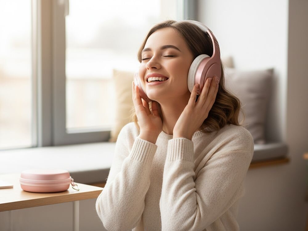 Słuchawki nauszne POWERLOCUS P19 mikrofon sterowanie muzyką połączeniami, osoba z założonymi słuchawkami nausznymi