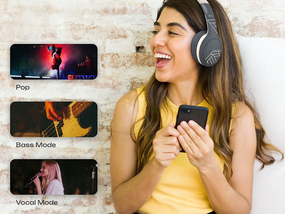 Słuchawki nauszne POWERLOCUS P19 przetworniki 40 mm tryby EQ Pop Basy Wokal, osoba z założonymi słuchawkami nausznymi z telefonem w ręku