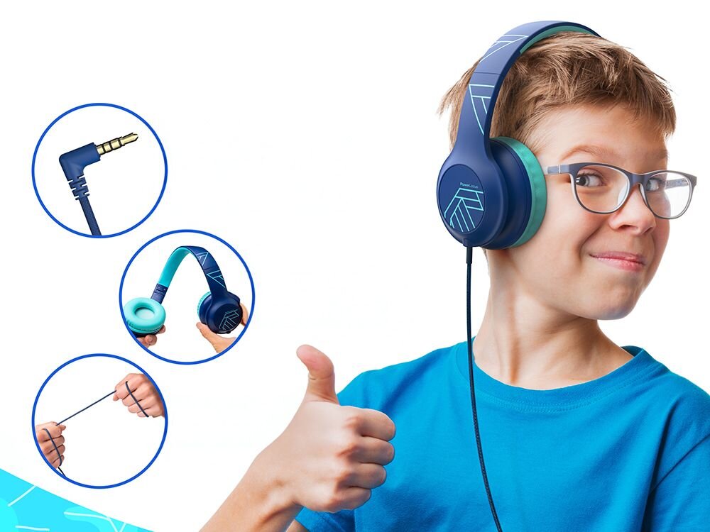 Słuchawki nauszne POWERLOCUS Pled Wired, wytrzymała konstrukcja, hipoalergiczne materiały, testy zginania, dziecko z założonymi słuchawkami nausznymi