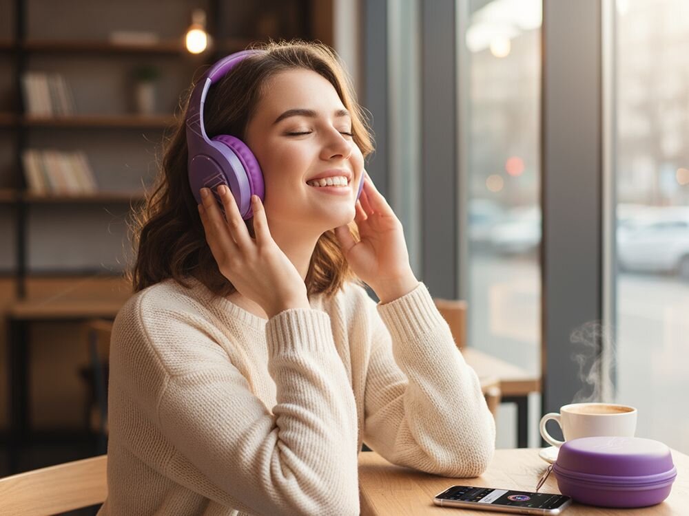 Słuchawki nauszne POWERLOCUS P19 komfort codzienne odsłuchy, osoba z założonymi słuchawkami nausznymi