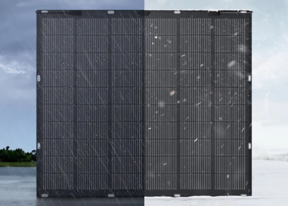 Panel fotowoltaiczny ANKER Solix FS20 900W panel na dwóch tłach jedno tło ze śniegiem drugie tło z deszczem praca w temperaturach od -20°C do +65°C klasa szczelności IP67 pełna ochrona przed kurzem i deszczem stabilne źródło energii elastyczna forma lekkość i odporność na warunki atmosferyczne