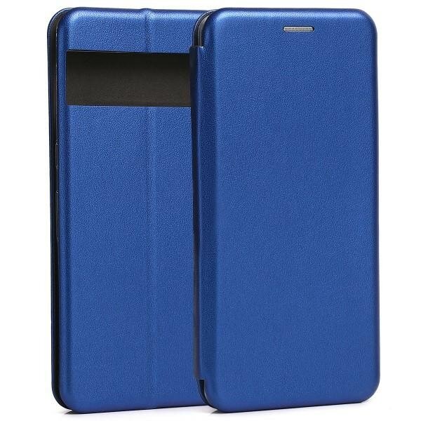 Niebieskie etui na telefon z klapką, wykonane z materiału o gładkiej fakturze. Widoczny jest otwór na głośnik oraz wewnętrzna kieszeń na karty.