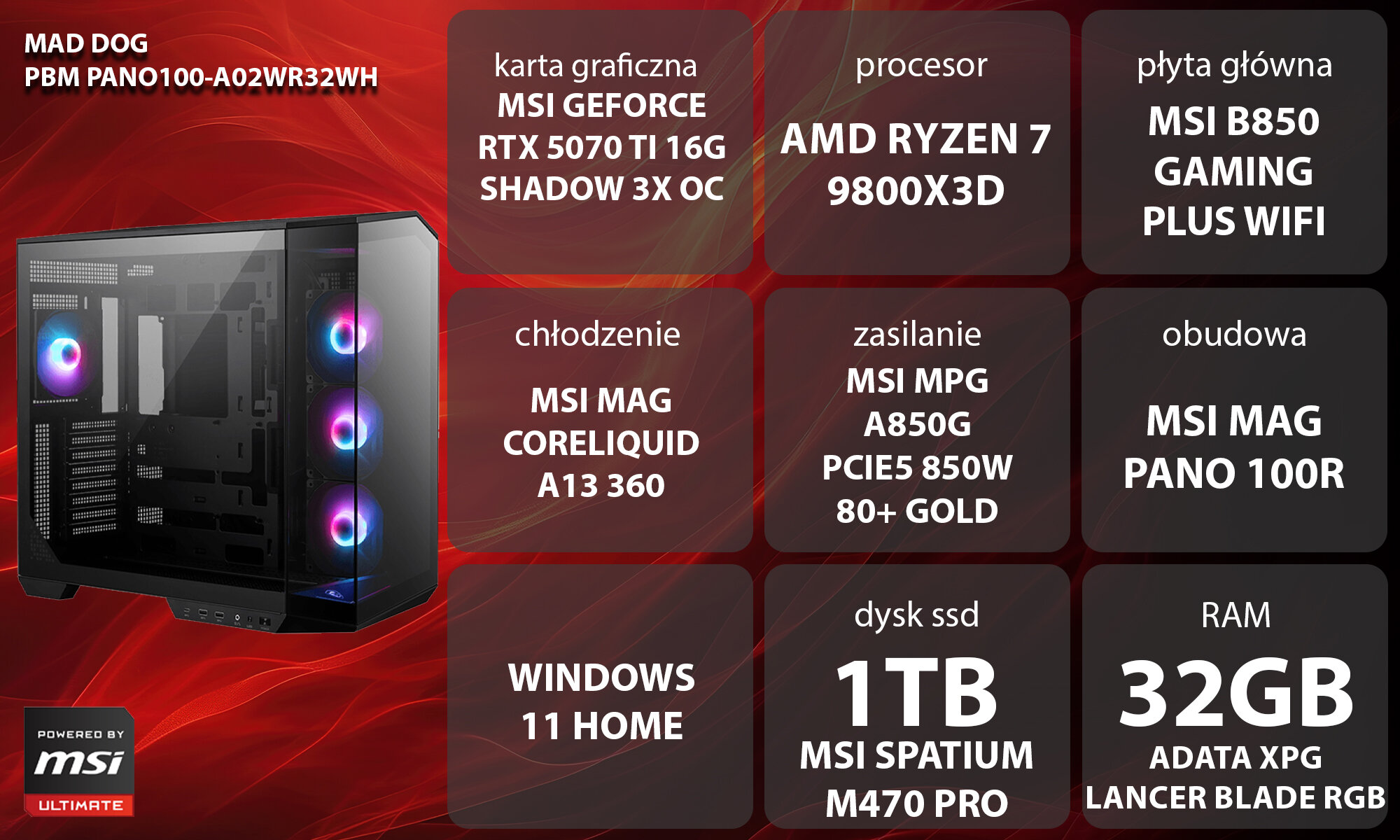 Komputer MAD DOG Powered by MSI PANO100-A02WR32WH Zdjęcie przedstawia młodą kobietę w brązowym swetrze siedzącą przy biurku i grającą na komputerze. Ma założone słuchawki z mikrofonem i korzysta z klawiatury oraz myszki. Przed nią znajdują się dwa monitory, a w tle widać komputer z podświetleniem RGB, opis