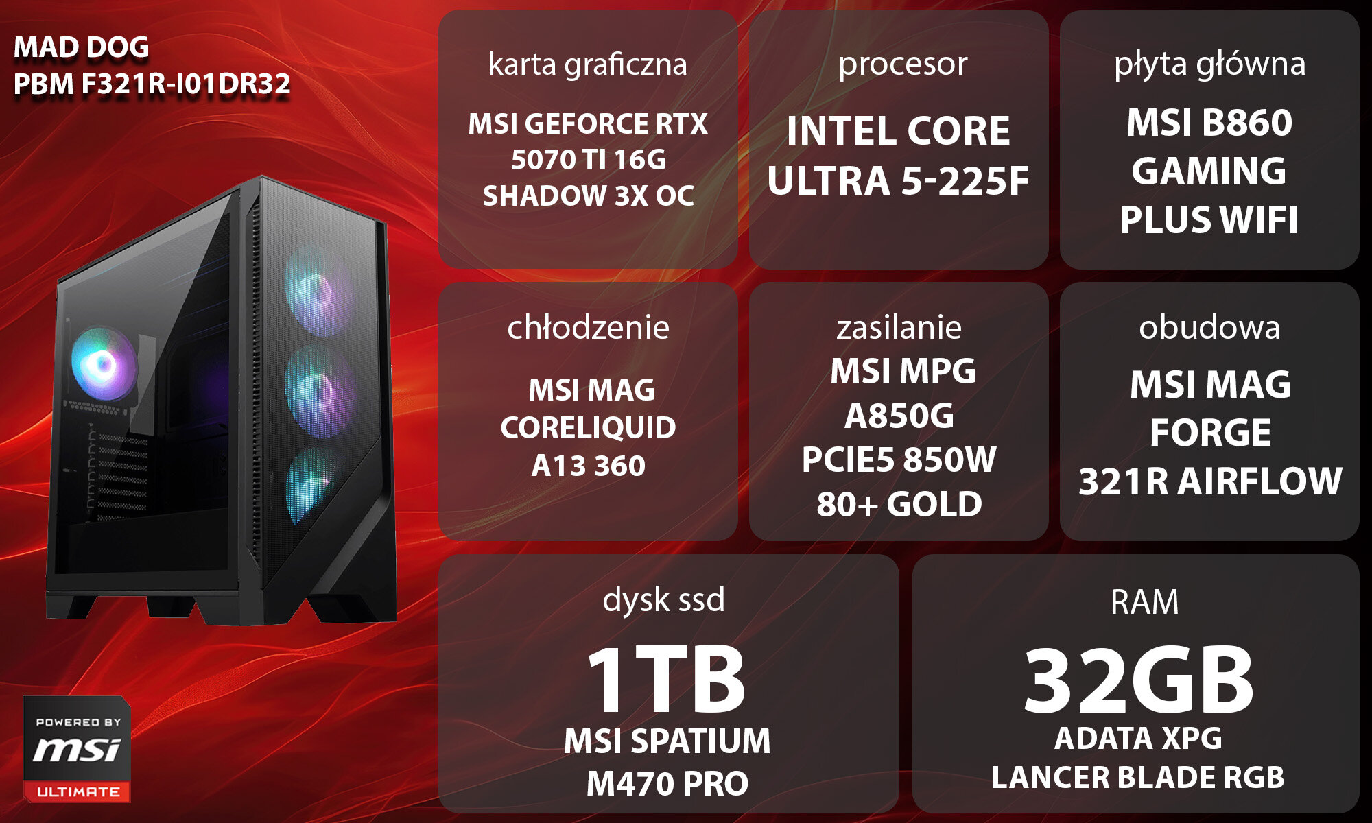 Komputer MAD DOG Powered by MSI F301R-I01DR32 Kobieta w słuchawkach grająca na komputerze stacjonarnym. Siedzi przy biurku z podświetlaną klawiaturą i monitorem, w tle niebiesko-żółte oświetlenie i regał, opis