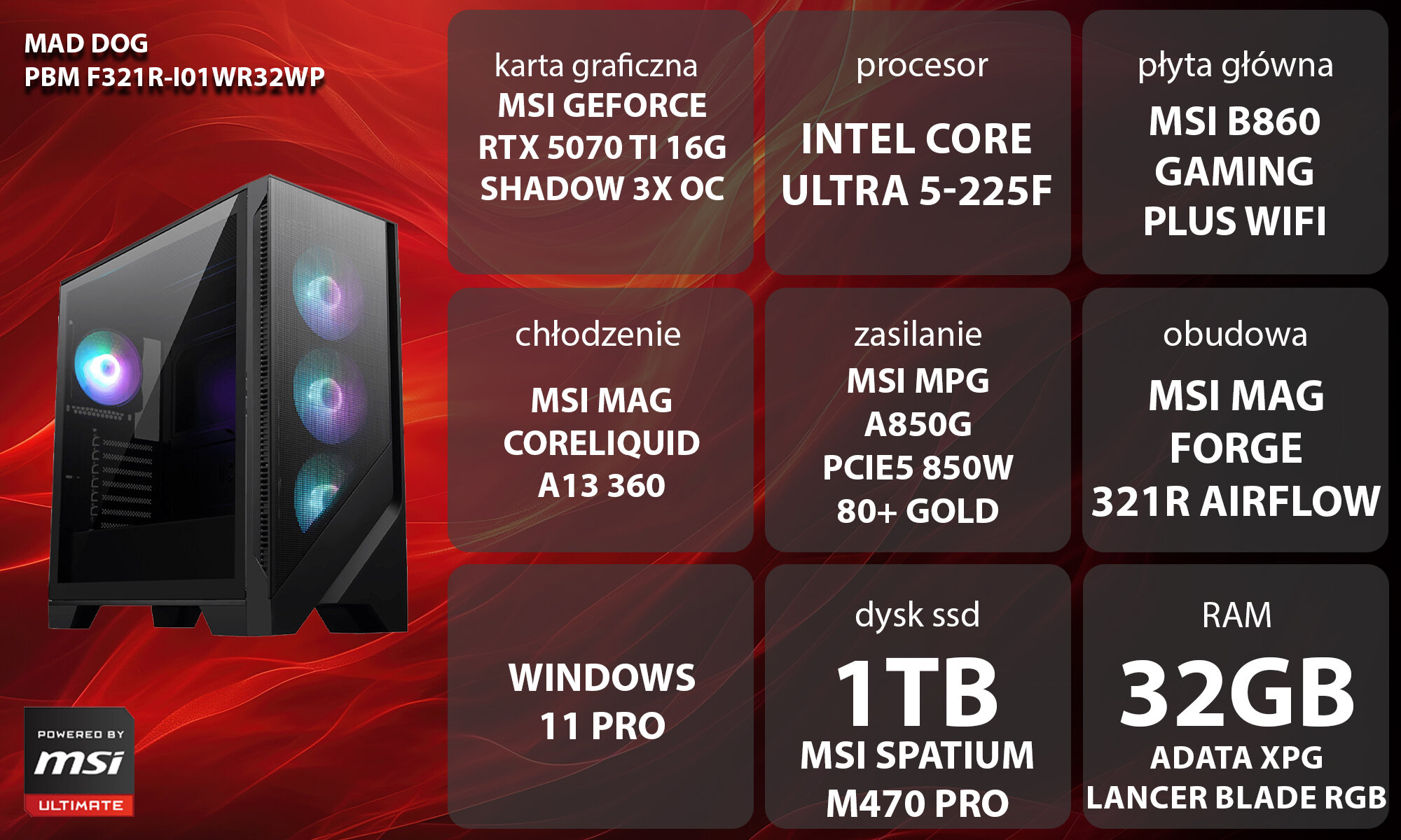 Komputer MAD DOG Powered by MSI F301R-I01WR32WP Kobieta w słuchawkach grająca na komputerze stacjonarnym. Siedzi przy biurku z podświetlaną klawiaturą i monitorem, w tle niebiesko-żółte oświetlenie i regał, opis