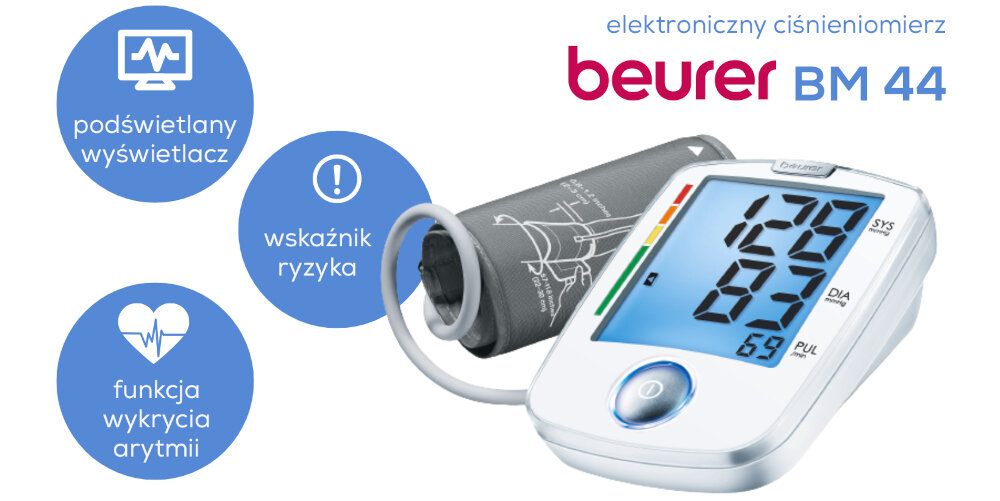 Ciśnieniomierz BEURER BM 44 moc pojemnosc ottwieranie wieko