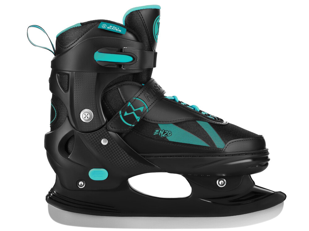 Łyżworolki NILS EXTREME Enzo NH382 2w1 (rozmiar 36-39) Czarno-turkusowy łyżworolka na białym tle widoczna z boku założona płoza łyżwy klasyczna płoza łyżwy wykonana ze stali nierdzewnej sprzęt do zimowych warunków stal nierdzewna płynny ślizg odporność na korozję
