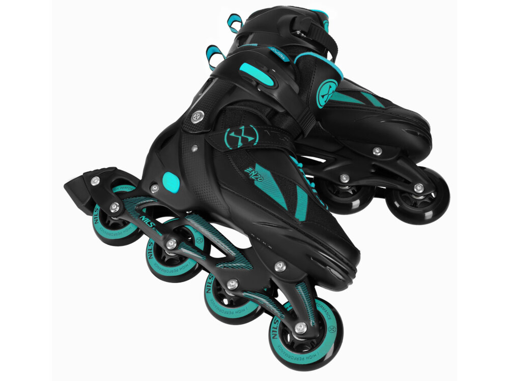 Łyżworolki NILS EXTREME Enzo NH382 2w1 (rozmiar 40-43) Czarno-turkusowy para łyżworolek na białym tle całoroczna aktywność uniwersalność jazda latem i zimą
