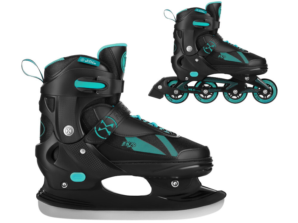 Łyżworolki NILS EXTREME Enzo NH382 2w1 (rozmiar 40-43) Czarno-turkusowy łyżworolki na białym tle dwa ujęcia łyżworolka z płozą rolkową i płozą zimową łyżworolki 2w1 możliwość szybkiej zmiany płozy rolkowej na płozę łyżwy jazda latem po asfalcie zimą na lodzie regularna aktywność fizyczna oszczędza miejsce i budżet domowy