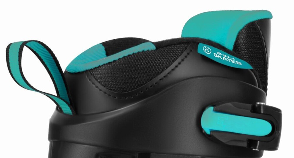 Łyżworolki NILS EXTREME Enzo NH382 2w1 (rozmiar 40-43) Czarno-turkusowy zbliżenie na tasiemkę z tyłu buta praktyczna tasiemka do przenoszenia z tyłu buta ułatwia transport i szybkie zabranie sprzętu w dowolne miejsce komfort przygotowania do jazdy oszczędza czas sprzęt pod ręką
