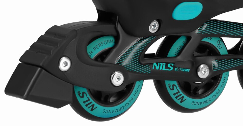 Łyżworolki NILS EXTREME Enzo NH382 2w1 (rozmiar 40-43) Czarno-turkusowy zbliżenie na hamulec białe tło hamulec nożny TPR pełna kontrola nad zatrzymywaniem się można precyzyjnie regulować prędkość minimalizując ryzyko wypadków komfort jazdy
