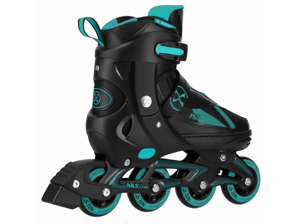 Łyżworolki NILS EXTREME Enzo NH382 2w1 (rozmiar 40-43) Czarno-turkusowy jedna łyżworolka na białym tle widoczna od tyłu pod skosem cholewka wykonana z wytrzymałego tworzywa PE solidne podparcie stopy podczas jazdy prawidłowa pozycja nogi lepsza kontrola ruchów większe poczucie bezpieczeństwa stabilność ogranicza ryzyko niekontrolowanych skrętów płynne poruszanie się