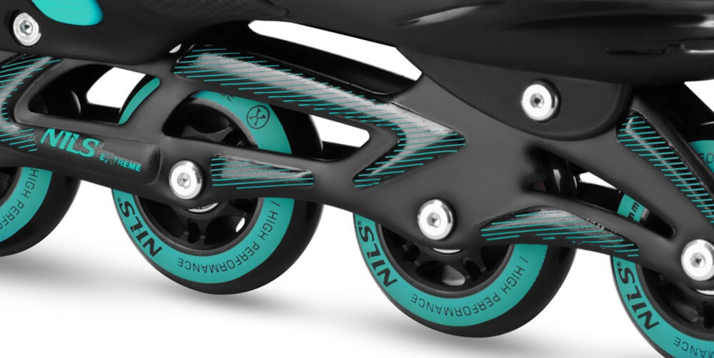 Łyżworolki NILS EXTREME Enzo NH382 2w1 (rozmiar 40-43) Czarno-turkusowy zbliżenie na kółka układ kółek PU o twardości 82A i rozmiarze 76 mm łożyska ABEC-7 stabilna dynamiczna jazda ułatwia utrzymanie równowagi płynność toczenia