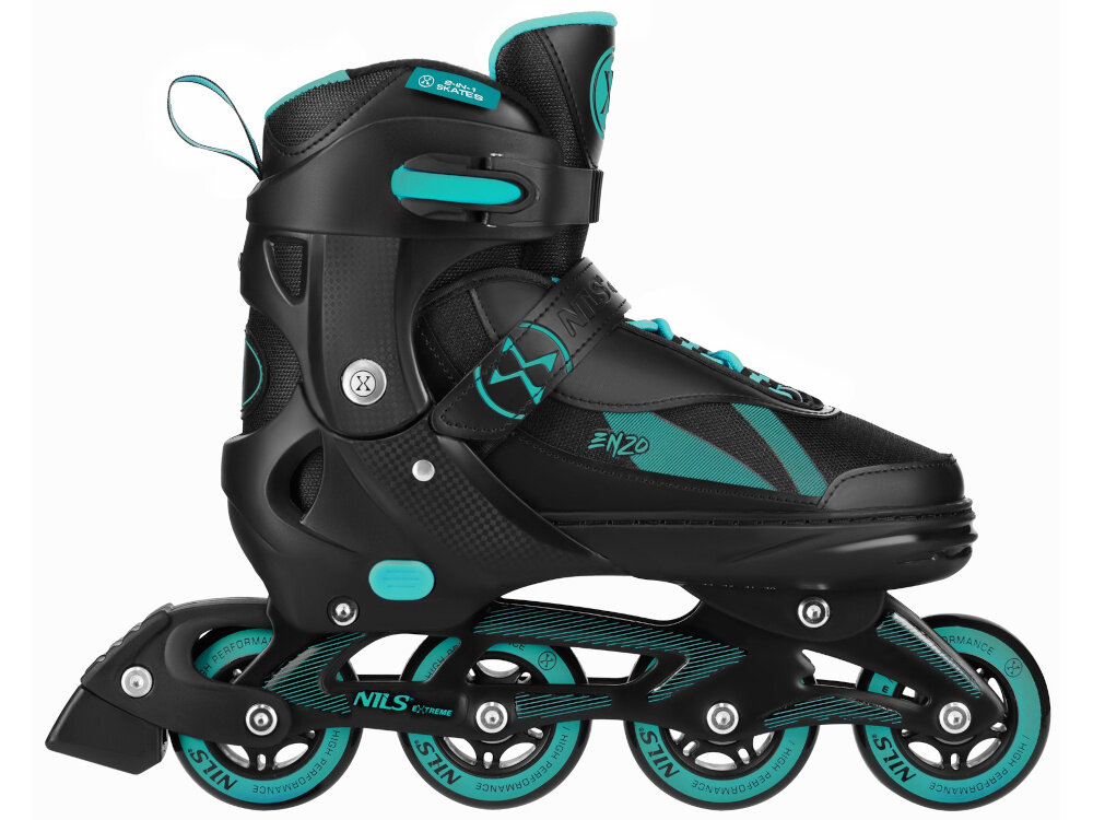 Łyżworolki NILS EXTREME Enzo NH382 2w1 (rozmiar 40-43) Czarno-turkusowy jedna łyżworolka na białym tle widoczna z boku duży zakres wagowy od 20 do 100 kg dla dzieci, młodzież oraz dorosłych uniwersalność