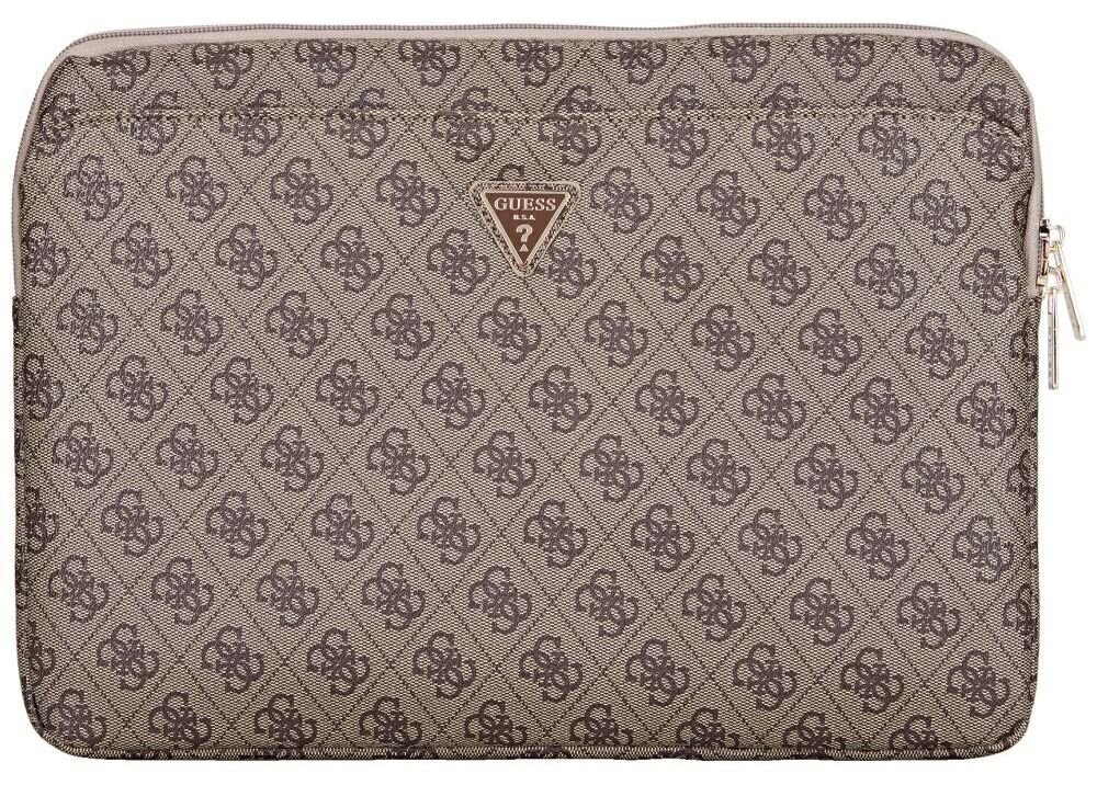 Etui na laptopa GUESS Sleeve 4G Zipper Pocket Triangle Logo 14 cali drtale, skora ekologiczna, logo, praktycznosc, elegancja, uzytkowanie, torba na bialym tle