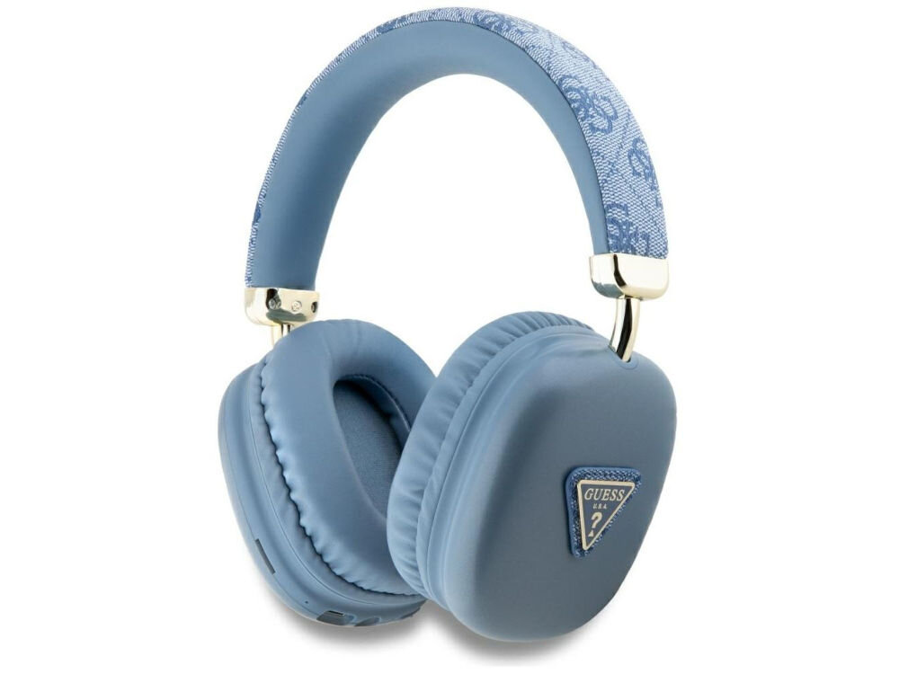 Słuchawki nauszne GUESS Triangle Logo Niebieski niebieskie słuchawki stoją bokiem złote logo białe tło wzorzysta obudowa Wbudowana bateria o pojemności 300 mAh do 32 godzin pracy Szybkie ładowanie przez port USB-C (około 2 godzin) gotowe do działania elegancja komfort 