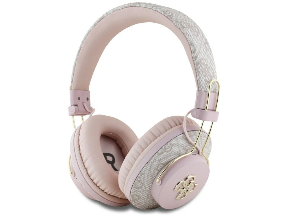 Słuchawki nauszne GUESS Metal 4G Logo Różowy białe tło różowe słuchawki wzory złote elementy Miej modę aż po uszy