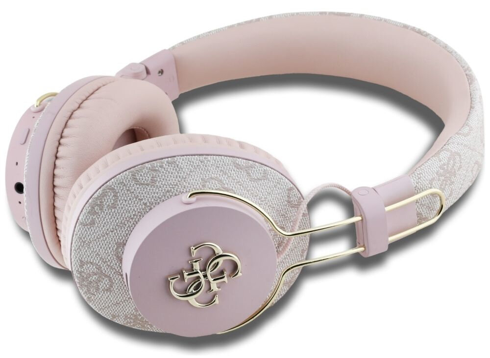 Słuchawki nauszne GUESS Metal 4G Logo Różowy leżące słuchawki nauszne w kolorze różowym wzory złote elementy białe tło elegancja komfort funkcjonalność metalowe logo 4G stylowy charakter podkreśla autentyczność marki estetyka jakość wykonania 