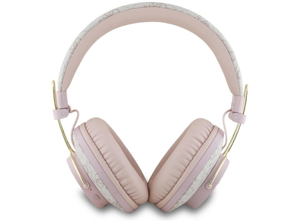Słuchawki nauszne GUESS Metal 4G Logo Różowy słuchawki stoją przodem różowy kolor wzory złote elementy białe tło Bluetooth 5.3 do 10 metrów szybkie parowanie z urządzeniami funkcje Voice Assistant Hands-Free Calling zarządzanie rozmowami i muzyką wodoodporność klasy IPX4 technologia ENC (Environmental Noise Cancellation) w każdych warunkach