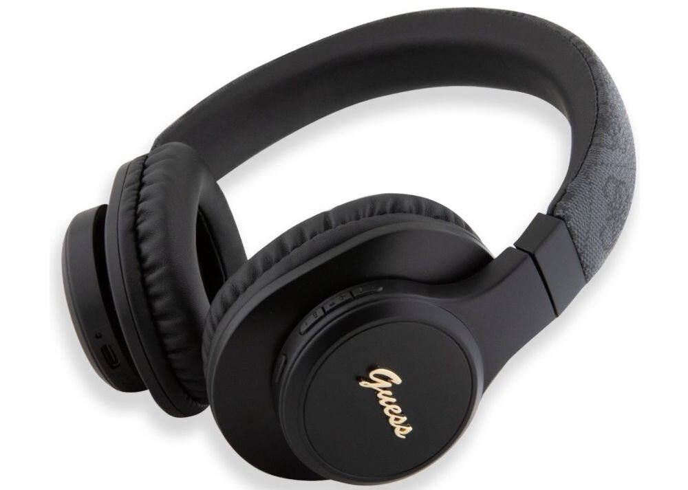 Słuchawki nauszne GUESS Leather Tone On Tone Script Czarny czarne leżące słuchawki złote logo wzory białe tło Stylowe wykończenie w czerni logo marki subtelne tłoczenia dla osób ceniących elegancję akcesorium audio element stylu