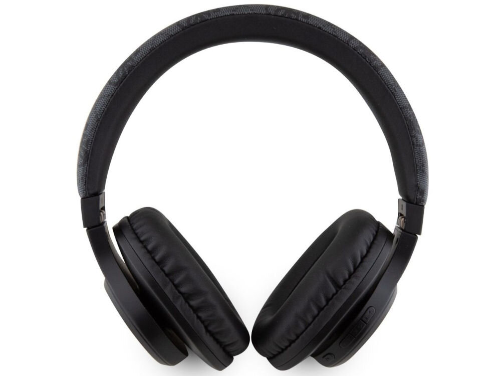 Słuchawki nauszne GUESS Leather Tone On Tone Script Czarny czarne słuchawki wzory nauszniki białe tło Wbudowany mikrofon w trybie hands-free technologia Voice Assistant Bluetooth 5.3 do 10 metrów Klasa wodoodporności IPX4 na co dzień podczas aktywności na świeżym powietrzu