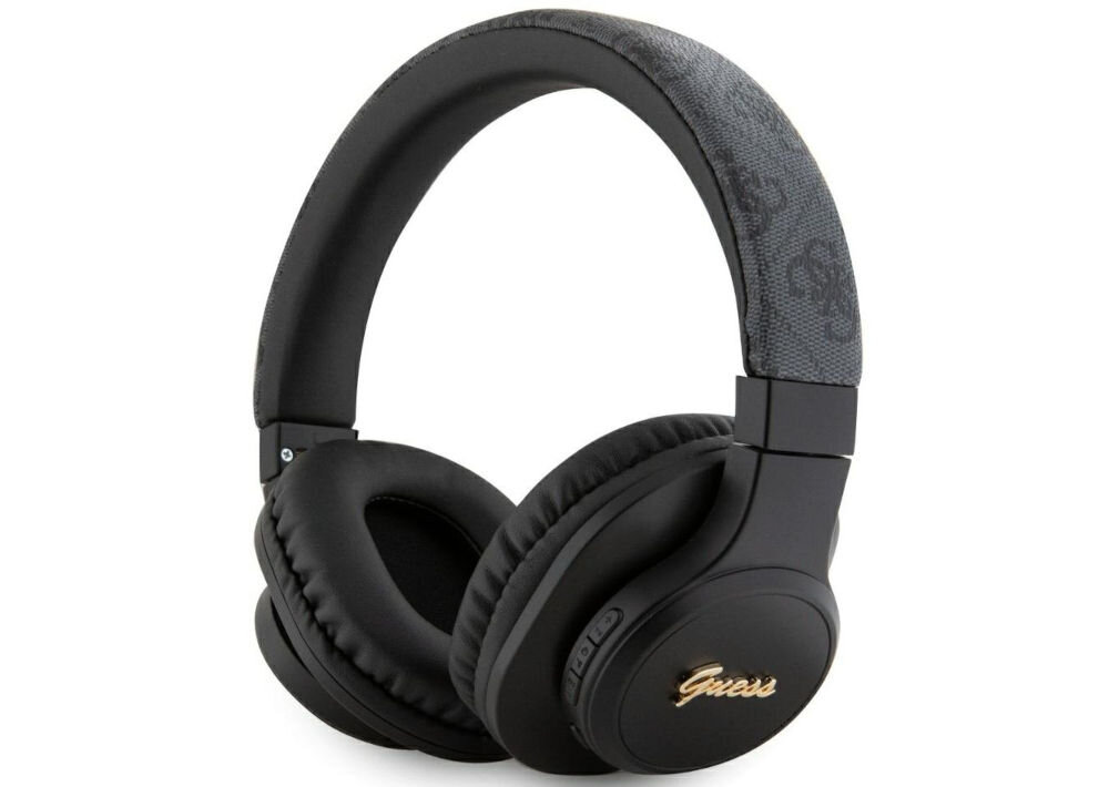 Słuchawki nauszne GUESS Leather Tone On Tone Script Czarny czarne słuchawki stoją bokiem złote logo wzory przyciski białe tło budowany akumulator 300 mAh do 32 godzin Port USB-C szybkie ładowanie (około 2 godzin) pasmo przenoszenia 20 Hz – 20 kHz impedancja 32 Ω wyraźny bas czyste tony styl wydajność 