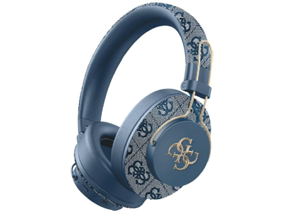 Słuchawki nauszne GUESS Metal 4G Logo Niebieski białe tło niebieskie słuchawki wzory złote elementy Miej modę aż po uszy