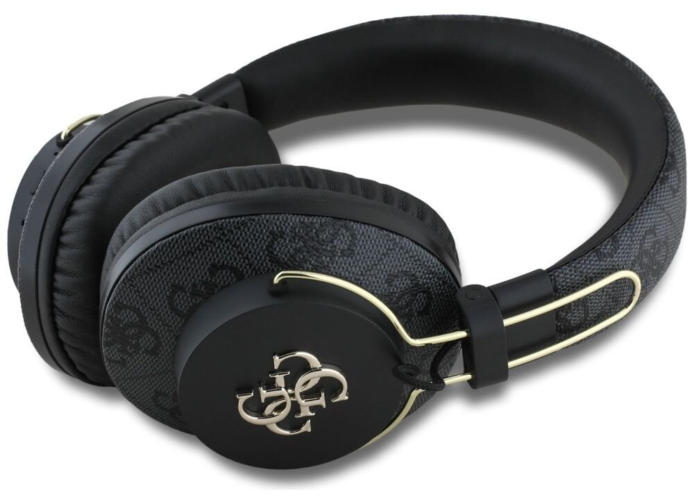 Słuchawki nauszne GUESS Metal 4G Logo Niebieski leżące słuchawki nauszne w kolorze czarnym wzory srebrne elementy białe tło elegancja komfort funkcjonalność metalowe logo 4G stylowy charakter podkreśla autentyczność marki estetyka jakość wykonania 