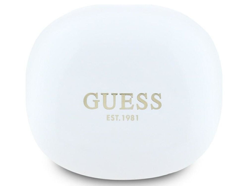 Słuchawki GUESS Flat Classic Logo Electroplated Biały białe etui złote logo białe tło ergonomiczna budowa dopasowują się do kształtu ucha w codziennym użytkowaniu w podróży podczas aktywności fizycznej dopracowany kształt stabilność bez ucisku w każdej sytuacji