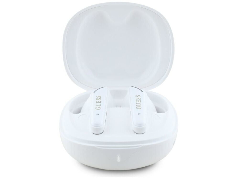 Słuchawki GUESS Flat Classic Logo Electroplated Biały otwarte białe etui wewnątrz umieszczone słuchawki czyste, wyważone brzmienie Wbudowany mikrofon w trybie hands-free wspiera funkcje sterowania dotykowego 