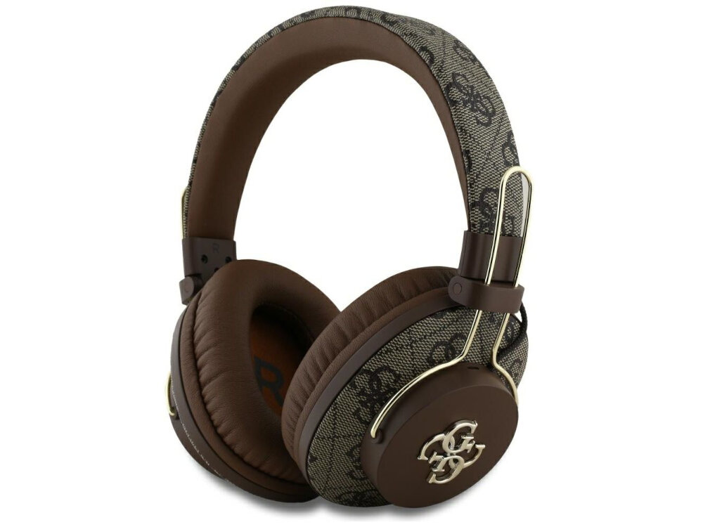 Słuchawki nauszne GUESS Metal 4G Logo Brązowy białe tło brązowe słuchawki wzory złote elementy Miej modę aż po uszy