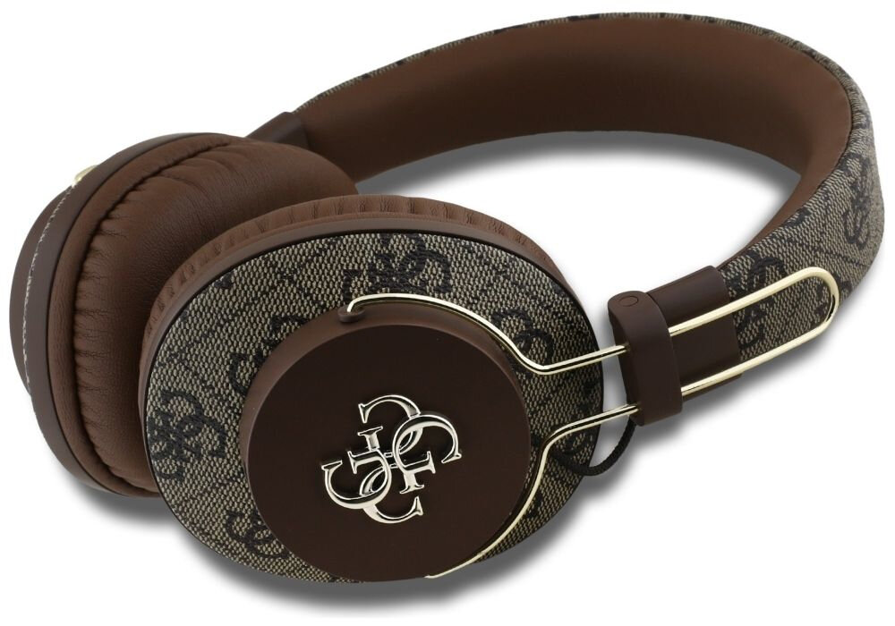 Słuchawki nauszne GUESS Metal 4G Logo Brązowy leżące słuchawki nauszne w kolorze brązowym wzory złote elementy białe tło elegancja komfort funkcjonalność metalowe logo 4G stylowy charakter podkreśla autentyczność marki estetyka jakość wykonania