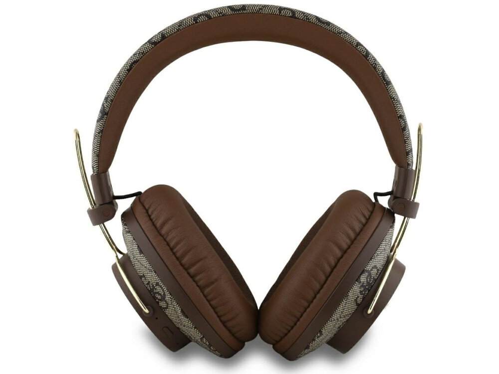 Słuchawki nauszne GUESS Metal 4G Logo Brązowy słuchawki stoją przodem brązowy kolor wzory złote elementy białe tło Bluetooth 5.3 do 10 metrów szybkie parowanie z urządzeniami funkcje Voice Assistant Hands-Free Calling zarządzanie rozmowami i muzyką wodoodporność klasy IPX4 technologia ENC (Environmental Noise Cancellation) w każdych warunkach