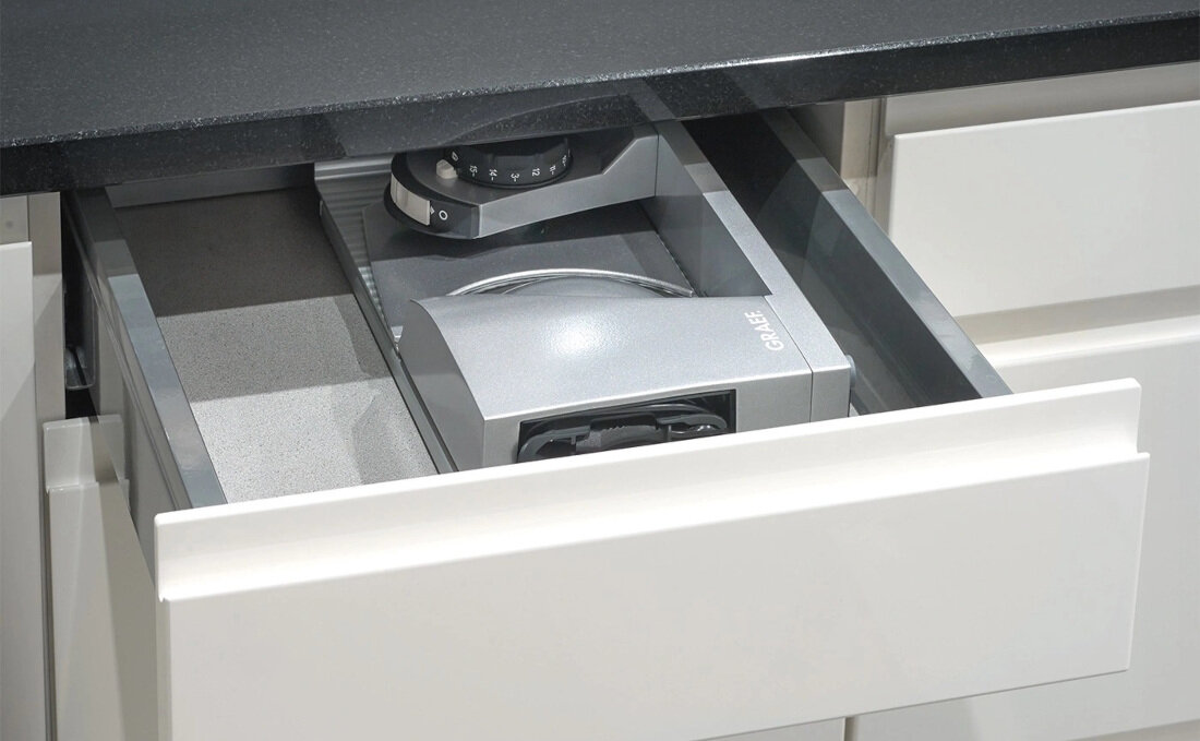 Krajalnica GRAEF MYtiny Twin Srebrny Kompaktowa forma 8 cm wysokości przechowywanie wymiary