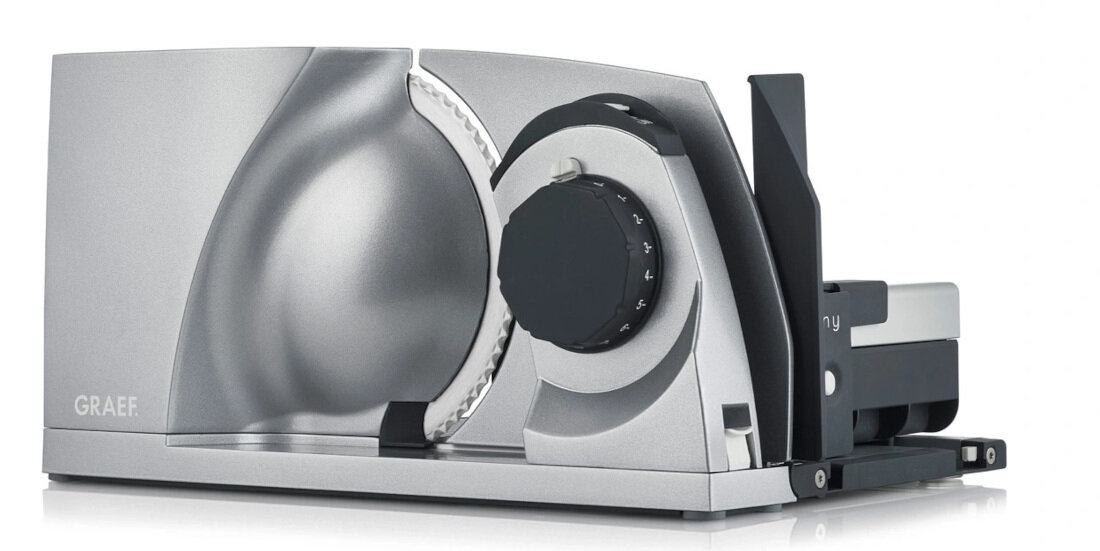 Krajalnica GRAEF MYtiny Twin Srebrny Design dopasowany do wnętrz Minimalistyczna forma metalowe wykończenie