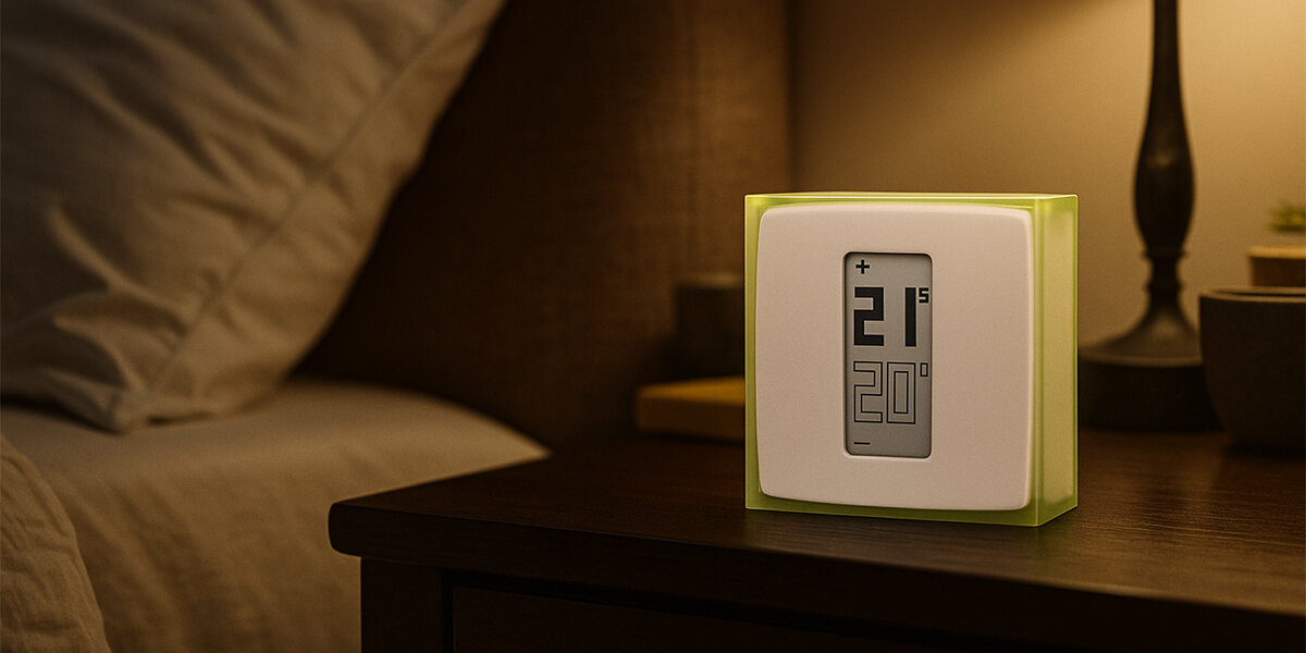 Termostat NETATMO OTH, design, wnętrze, przewodowo, bezprzewodowo, termostat stoi na stoliku nocnym w tle lampa i łóżko