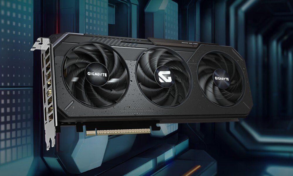 Karta graficzna GIGABYTE GeForce RTX 5060 Ti Gaming OC 8GB Grafika z trzema dużymi czarnymi wentylatorami osadzona na tle przypominającym wnętrze futurystycznej serwerowni, opis