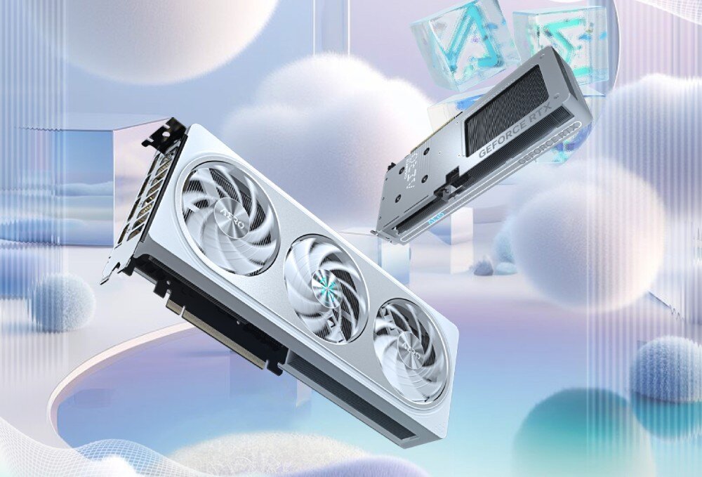 Karta graficzna GIGABYTE GeForce RTX 5060 Ti Aero OC 8GB DLSS 4 w srebrnej obudowie, z trzema wentylatorami i stylowym backplate, zawieszona na futurystycznym tle z lodowymi strukturami