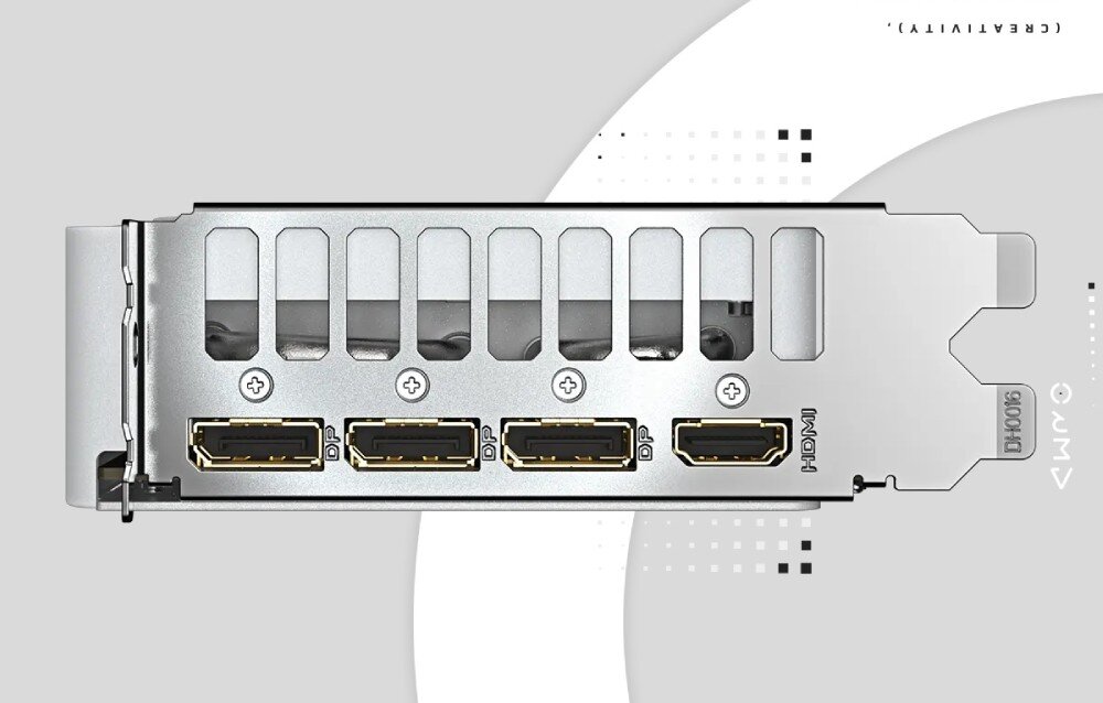 Karta graficzna GIGABYTE GeForce RTX 5060 Ti Aero OC 8GB DLSS 4 Panel wyjść wideo karty Gigabyte AERO GeForce RTX, zawierający trzy porty DisplayPort i jedno złącze HDMI, umieszczone na metalowej osłonie