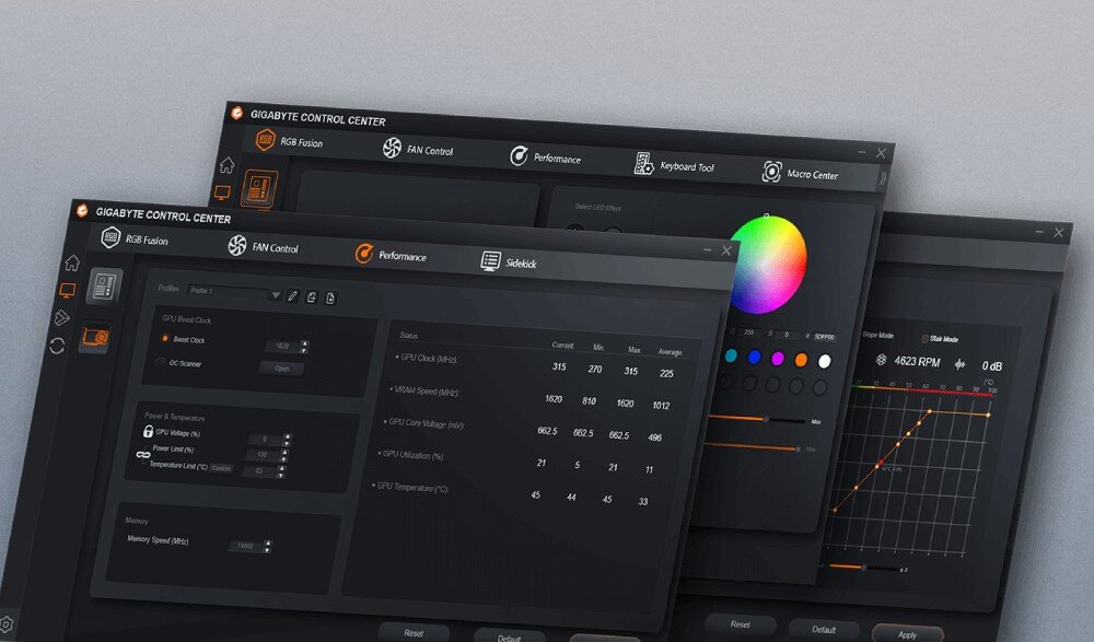 Karta graficzna GIGABYTE GeForce RTX 5060 Ti Aero OC 8GB DLSS 4 Interfejs oprogramowania Gigabyte Control Center, ukazujący opcje zarządzania RGB, kontrolą wentylatorów i monitoringiem wydajności karty graficznej