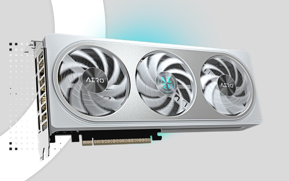 Karta graficzna GIGABYTE GeForce RTX 5060 Ti Aero OC 8GB DLSS 4 Zbliżenie na przednią część karty Gigabyte AERO GeForce RTX, prezentujące trzy duże wentylatory z półprzezroczystymi łopatkami i metaliczną obudową