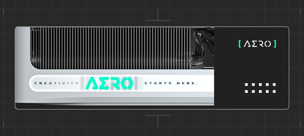 Karta graficzna GIGABYTE GeForce RTX 5060 Ti Aero OC 8GB DLSS 4 Boczny panel karty graficznej Gigabyte AERO z podświetlanym logiem, otoczony kratką chłodzenia