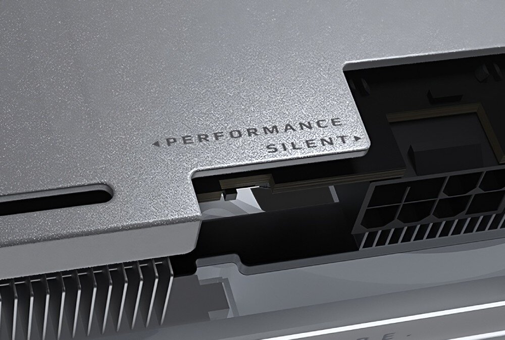 Karta graficzna GIGABYTE GeForce RTX 5060 Ti Aero OC 8GB DLSS 4 Zbliżenie na przełącznik trybów karty graficznej Gigabyte AERO, umożliwiający wybór między trybem wydajnościowym a cichym